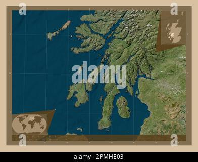 Argyll e Bute, regione della Scozia - Gran Bretagna. Mappa satellitare a bassa risoluzione. Mappe delle posizioni ausiliarie degli angoli Foto Stock