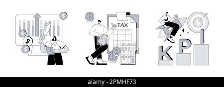 Set di illustrazioni vettoriali astratte del concetto di profitto aziendale. Sistema di gestione finanziaria, calcolo del reddito netto, misurazione del successo dei KPI, crescita aziendale, pianificazione del budget, metafora astratta del dashboard. Illustrazione Vettoriale