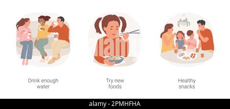 Buone abitudini alimentari isolato cartone animato vettore illustrazione set. Bere abbastanza acqua, persone con bottiglie d'acqua, provare nuovi alimenti, il bambino mangiare con bacchette, snack sani, mangiare verdure vettoriali cartone animato. Illustrazione Vettoriale