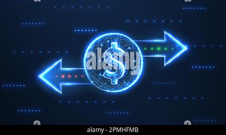 Dollaro con due frecce a sinistra a destra con punti verdi e rossi. Ricezione dati, invio digitale di denaro Illustrazione Vettoriale