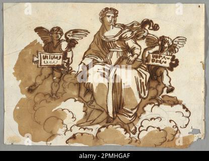 Disegno, Teologia, dopo Raffaello Sansio, stanza della Segnatura, Vaticano; Italia; inchiostro marrone scuro e penna, pennello e seppia lavano tracce di grafite su carta bianca; 19,8 x 27,7 cm (7 13/16 x 10 7/8 in.) Foto Stock