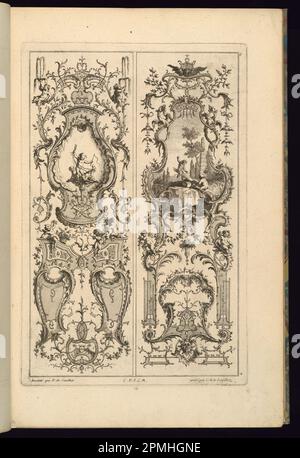 Stampa, disegno per due pannelli; disegnata da Francois de Cuvillilés il Vecchio (Belgio, Germania attiva, 1695 - 1768); incisa da Karl Albert von Lesvillez (1723-1796); pubblicata da Nicolas Jean Baptiste de Poilly (Francia, 1712 – ca. 1758); Germania; incisione e incisione su carta deposita biancastra; Platemark: 36,1 x 23,9 cm (14 3/16 x 9 7/16 pollici) Foglio: 44 x 28,6 cm (17 5/16 x 11 1/4 pollici) Foto Stock