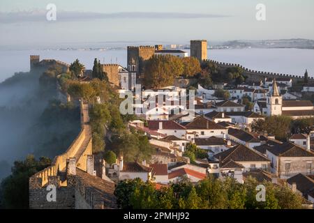 Vista sulla città vecchia e le mura di Obidos in nebbia mattutina, Obidos, Regione Centro, Estremadura, Portogallo, Europa Foto Stock