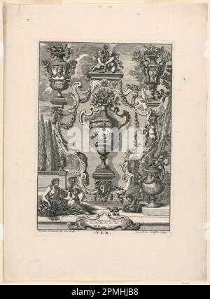 Print, Unterschiedlich Augspurgische Goldschmidts Arbeit, 'Ver', plate 1; disegnato da Abraham Drentwet (1647 – 1727); stampato da Georg Heinrich Schifflen (tedesco, 1666 – 1745); pubblicato da Jeremias Wolff (tedesco, 1663–1750); Germania; incisione; 31,2 x 95,7 cm Foto Stock