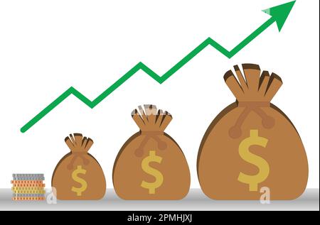 Sacchi con simbolo del dollaro disposti in ordine di grandezza sotto freccia ascendente Illustrazione Vettoriale