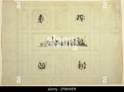 Disegno, soffitto del Gabinetto della Pace, Palazzo Quirinale, Roma; Felice Giani (1758-1823); Italia; penna e inchiostro grigio scuro, pennello e lavaggi grigi su linee di gesso nero su carta di wove verde-beige chiaro. supporto: carta in tessuto beige-verdolino chiaro; 29 x 41,6 cm (11 7/16 x 16 3/8 pollici) Tappetino: 40,6 x 55,9 cm (16 x 22 pollici) Foto Stock