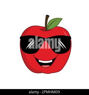 Cartone animato di Apple Fruit sorridente e indossante gli occhiali. Adatto per poster, banner, web, icona, mascotte, sfondo Illustrazione Vettoriale