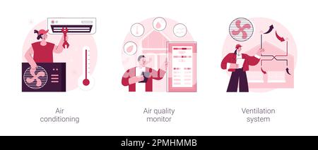 Set di illustrazioni vettoriali per concetti astratti dei componenti della casa intelligente. Aria condizionata, monitoraggio della qualità dell'aria, sistema di ventilazione, sistema di aerazione e raffreddamento, metafora astratta della soluzione di risparmio energetico. Illustrazione Vettoriale