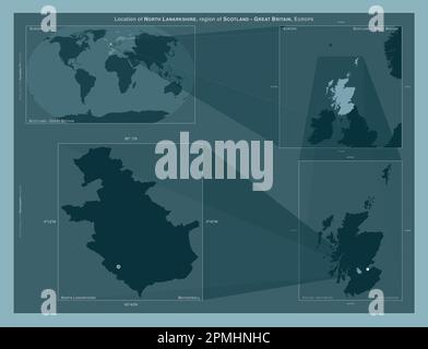 North Lanarkshire, regione della Scozia - Gran Bretagna. Diagramma che mostra la posizione della regione su mappe in scala più grande. Composizione dei fotogrammi vettoriali a Foto Stock