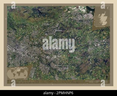 North Lanarkshire, regione della Scozia - Gran Bretagna. Mappa satellitare ad alta risoluzione. Località e nomi delle principali città della regione. Angolo auxili Foto Stock