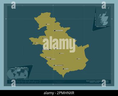 North Lanarkshire, regione della Scozia - Gran Bretagna. Forma a tinta unita. Località e nomi delle principali città della regione. Posizione ausiliaria ad angolo Foto Stock