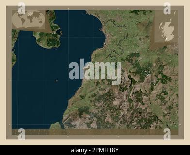 Ayrshire meridionale, regione della Scozia - Gran Bretagna. Mappa satellitare ad alta risoluzione. Mappe delle posizioni ausiliarie degli angoli Foto Stock