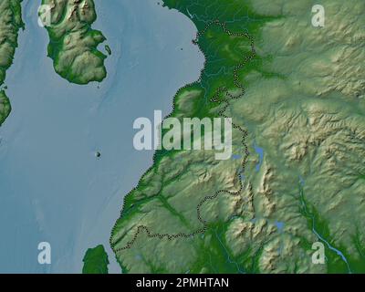 Ayrshire meridionale, regione della Scozia - Gran Bretagna. Mappa di altitudine colorata con laghi e fiumi Foto Stock