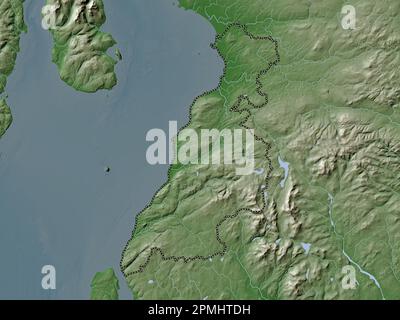 Ayrshire meridionale, regione della Scozia - Gran Bretagna. Mappa dell'altitudine colorata in stile wiki con laghi e fiumi Foto Stock