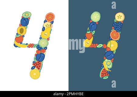 Il numero 4 è composto da frutti e bacche dai colori vivaci. Quattro colori diversi, uno su sfondo bianco e uno su sfondo blu scuro. Disegnato a mano. Illustrazione Vettoriale