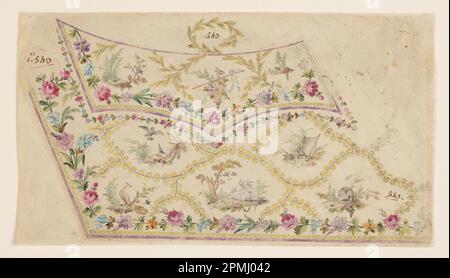 Disegno, Design per Ricamo, tasca per gilet gentleman; disegnata da Fabrique de Saint Ruf; Francia; pennello e acquerello, gouache, penna e nero, inchiostro viola e grafite su carta crema; 17,3 x 30,4 cm (6 13/16 x 11 15/16 pollici) Foto Stock