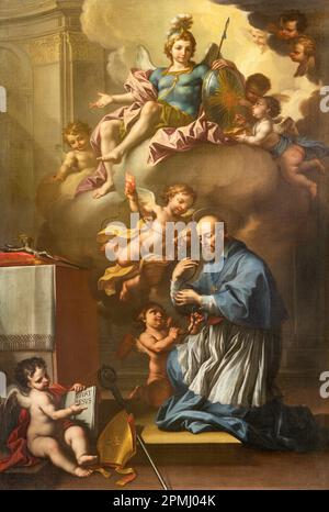 GENOVA, ITALIA - 7 MARZO 2023: La pittura di San Francis de Sales e St. Michele Arcangelo nella chiesa Santuario di San Franceso da Paola. Foto Stock