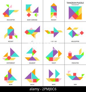 Tangram puzzle gioco. Set vettoriale con trasporto vario Illustrazione Vettoriale