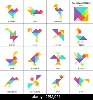 Tangram puzzle gioco. Set vettoriale con vari uccelli Illustrazione Vettoriale