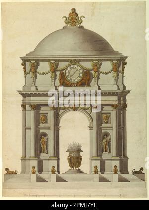 Disegno, Padiglione con orologio; Italia; penna e inchiostro nero, lavaggio grigio, lavaggio ocra e giallo, supporto grafite: Carta bianca; 73,8 x 54,5 cm (29 1/16 x 21 7/16 pollici) Tappetino: 91,4 x 71,1 cm (36 x 28 pollici) Foto Stock