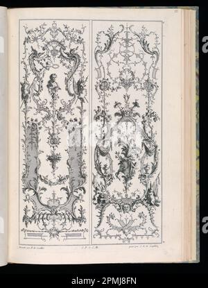 Stampa rilegata, disegni per due pannelli verticali; disegnati da Francois de Cuvilliés il Vecchio (Belga, Germania attiva, 1695 - 1768); Print Maker: Carl Albert von Lespilliez (tedesco, 1723 - 1796); Germania; incisione su carta Foto Stock