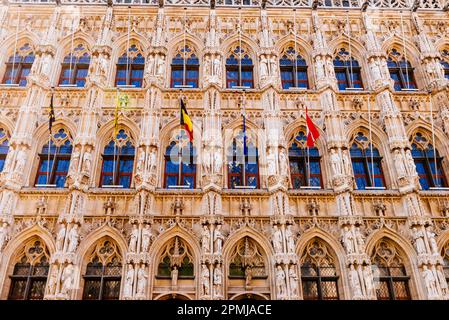 Facciata principale. Il municipio di Leuven, Brabante Fiammingo, è un edificio storico sulla piazza principale di Grote Markt. Costruito in un Brabantine tardo gotico s. Foto Stock