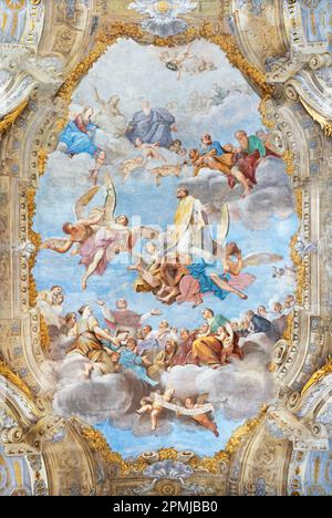 GENOVA, ITALIA - 8 MARZO 2023: Il soffitto affresco Apoteosi di San Filippo Neri nella chiesa di San Filippo Neri di Marcantonio Franceschini. Foto Stock