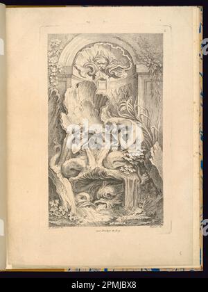 Stampa rilegata, disegno della fontana Rocaille; disegnato da Francesco Boucher (francese, 1703–1770); inciso da Gabriel Huquier (francese, 1695–1772); Francia; incisione su carta; 33,7 x 24,5 cm (13 1/4 x 9 5/8 pollici) Foto Stock