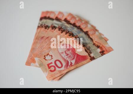 Usato fatture del dollaro di Fifity canadese, fattura canadese di $50, fattura canadese di Fifty dollari, nota canadese di Fifty-dollaro Foto Stock