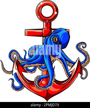 illustrazione vettoriale di un ctopus che tiene ancorata una nave su sfondo bianco. disegno a mano digitale Illustrazione Vettoriale