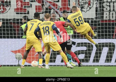 Leverkusen, Germania. 13th Apr, 2023. Ismael Kandouss di Union ha mostrato in azione nel corso di una partita di calcio tra il tedesco Bayer 04 Leverkusen e il belga Royale Union Saint-Gilloise, la prima partita delle quarti di finale del concorso UEFA Europa League, giovedì 13 aprile 2023 a Leverkusen, Germania. FOTO DI BELGA BRUNO FAHY Credit: Agenzia Notizie di Belga/Alamy Live News Foto Stock