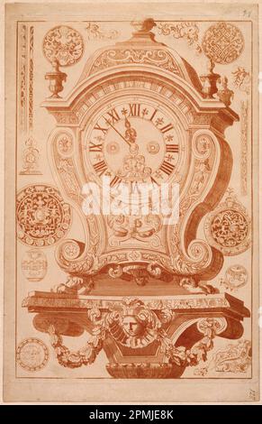 Print, Design for a Clock, Plate 4, from Nouveaux livre de boites de pendulles de coqs et etuys de montres et autres necessaire au Orlogeurs; Designed by Daniel Marot (francese, attivo nei Paesi Bassi e in Inghilterra, 1661–1752); France; incisione stampata in inchiostro rosso su carta; Mount: 34,2 x 22,1 cm (13 7/16 x 8 11/16 pollici) Foglio: 29,8 x 19,1 cm (11 3/4 x 7 1/2 pollici) Platemark: 28,5 x 19,5 cm (11 1/4 x 7 11/16 pollici) Tappetino: 45,7 x 35,6 cm (18 x 14 pollici) Telaio a x L x P: 50,2 x 39,7 x 2,5 cm (19 3/4" x 15 5/8 poll. x 1 poll.) Foto Stock