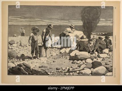 Stampa, bozzetti sul lato del mare – Un clam-torta; inciso da Redding; dopo Winslow Homer (americano, 1836–1910); pubblicato da Harper's Weekly; USA; incisione su legno in inchiostro nero su carta; immagine: 23,5 x 35,4 cm (9 1/4 x 13 15/16 pollici) Foto Stock