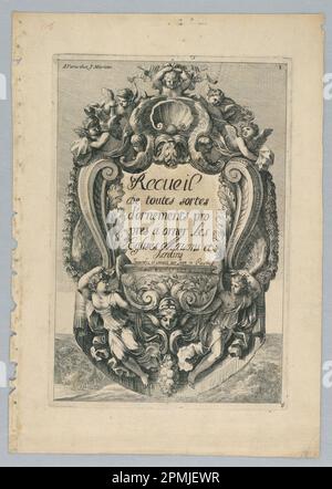 Stampa, pagina del titolo, da 'Recueil de Toutes sortes d'ornements propres à Orner Les Eglises Maisons et Jardins'; Print Maker: Jean le Pautre (francese, 1618-1682); incisione su carta; 27,8 x 19,5 cm (10 15/16 x 7 11/16 pollici) Foto Stock