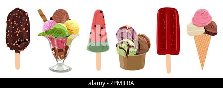 Set di diverse illustrazioni vettoriali per gelati. Illustrazione Vettoriale
