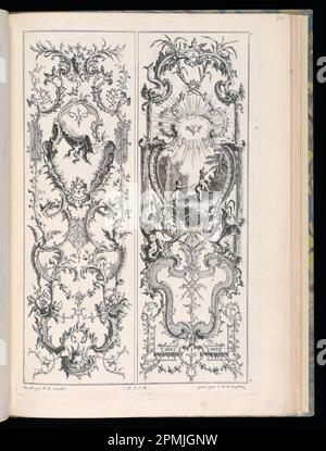 Stampa rilegata, disegni per due pannelli verticali; disegnati da Francois de Cuvilliés il Vecchio (Belga, Germania attiva, 1695 - 1768); Print Maker: Carl Albert von Lespilliez (tedesco, 1723 - 1796); Germania; incisione su carta Foto Stock