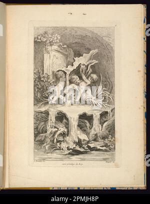 Stampa rilegata, disegno della fontana Rocaille; disegnato da Francesco Boucher (francese, 1703–1770); inciso da Gabriel Huquier (francese, 1695–1772); Francia; incisione su carta; 33,9 x 25,5 cm (13 3/8 x 10 1/16 pollici) Foto Stock