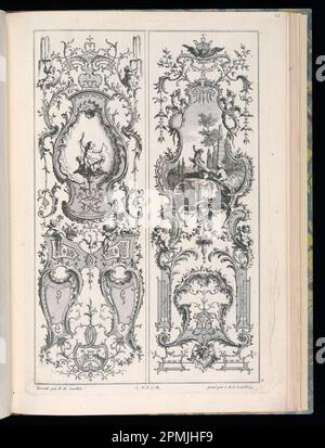 Stampa rilegata, disegni per due pannelli verticali; disegnati da Francois de Cuvilliés il Vecchio (Belga, Germania attiva, 1695 - 1768); Print Maker: Carl Albert von Lespilliez (tedesco, 1723 - 1796); Germania; incisione su carta Foto Stock