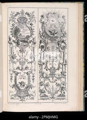 Stampa rilegata, disegni per due pannelli verticali; disegnati da Francois de Cuvilliés il Vecchio (Belga, Germania attiva, 1695 - 1768); Print Maker: Carl Albert von Lespilliez (tedesco, 1723 - 1796); Germania; incisione su carta Foto Stock