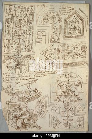 Disegno, sei studi decorativi; verso, studio anatomico; ideato da Felice Giani (italiano, 1758-1823); Italia; lavaggi con penna e inchiostro, pennello e acquerello sulla grafite su carta posata; 37 x 25,1 cm (14 9/16 x 9 7/8 in.) Foto Stock