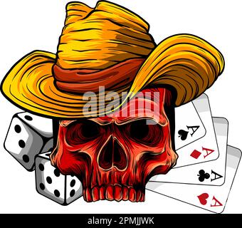 illustrazione vettoriale del cranio del cowboy con asso del poker e dadi Illustrazione Vettoriale