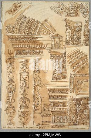 Disegno, facciata di Santa Cecilia a Bologna; Studi architettonici; disegnato da Felice Giani (1758-1823); Italia; inchiostro marrone e penna, pennello con tracce di grafite lavate marrone su carta crema Foto Stock