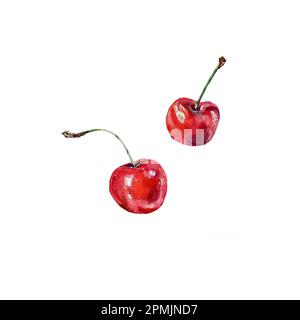 Acquerello di ciliegio. Illustrazione disegnata a mano. Succosa ciliegia rossa isolata su sfondo bianco. Progettazione di menu, imballaggi alimentari, cartoline, inviti Foto Stock