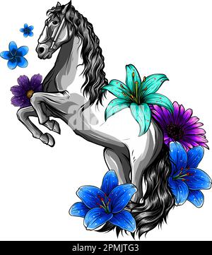 cavallo con fiori di pony rosa illustrazione vettoriale su sfondo bianco Illustrazione Vettoriale