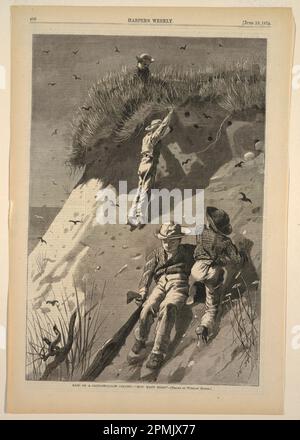 Print, RAID on a Sand-Swallow Colony – 'quante uova?'; inciso da Edward Lagarde; After Winslow Homer (americano, 1836–1910); pubblicato da Harper's Weekly; USA; incisione del legno in inchiostro nero su carta; immagine: 34,5 x 23,1 cm (13 9/16 x 9 1/8 in.) Foto Stock