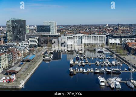 Willemdok, bacino del porto di Jachthaven Antwerpen, Old Harbour District, Het Eilandje di Anversa, un tempo disonorabile, quartiere dingy, ora moderno, alla moda Foto Stock