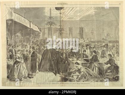 Stampa, Grande Fiera data alle Camere dell'Assemblea della Città, New York, 1861 dicembre, in aiuto di poveri della Città, da Harper's Weekly, 28 dicembre 1861, pp. 824-825.; Winslow Homer (americano, 1836–1910); USA; incisione del legno in inchiostro nero su carta da giornale; totale: 38,8 x 55,7 cm (15 1/4 x 21 15/16 in.) Foto Stock