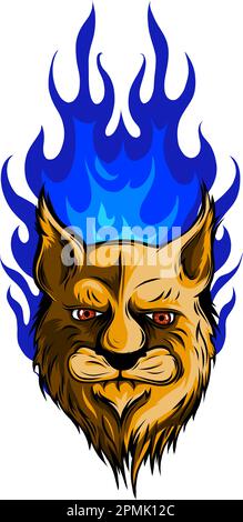 testa di leone di montagna ruggente con fiamme di fuoco vettoriale illustrazione su sfondo bianco Illustrazione Vettoriale