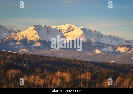 Incantevole panorama dei Monti Tatra polacchi al mattino. Vista dei Tatra occidentali dal villaggio di Lapszanka, Polonia. Foto Stock