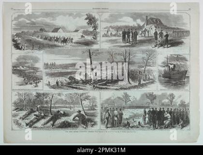 Print, Our Army Before Yorktown, Virginia; Winslow Homer (americano, 1836–1910); After Alfred R. Waud; pubblicato da Harper's Weekly; USA; incisione del legno in inchiostro nero su carta; immagine: 35 x 52,7 cm (13 3/4 x 20 3/4 pollici) Foto Stock